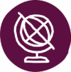 Global purple@6x An icon showing a globe mounted on a stand symbolising the world or global scale