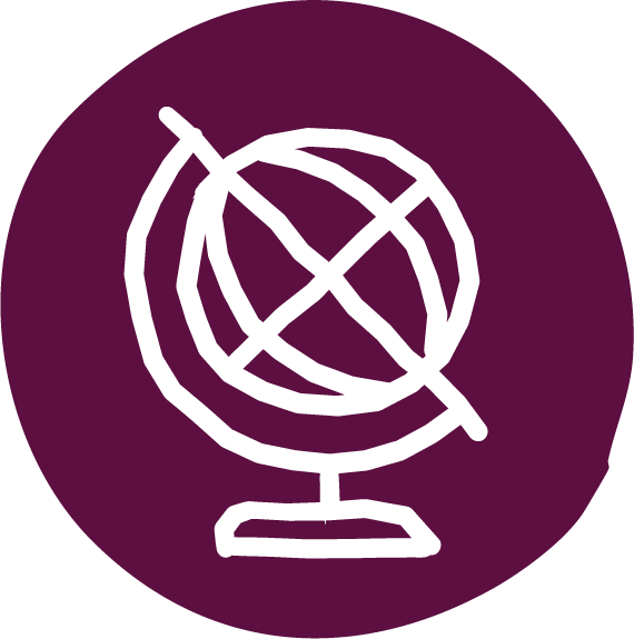 An icon showing a globe mounted on a stand symbolising the world or global scale