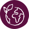 Growth purple@6x An icon showing the world with two leaves growing out of the top corner, symbolising growth, global scale or sustainability.