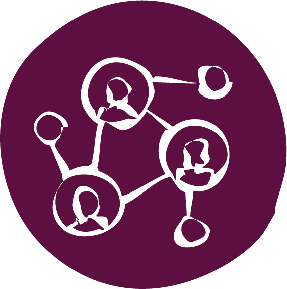 Network purple@6x An icon showing three people connected to each other and to three more circles symbolising connection and networks